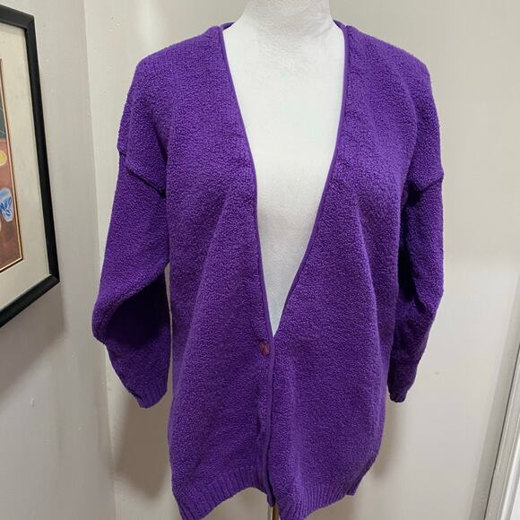 Vintage Eileen Fisher Bright Purple Cardigan Sweater Size 1 Cotton Boucle - Picture 1 of 11
